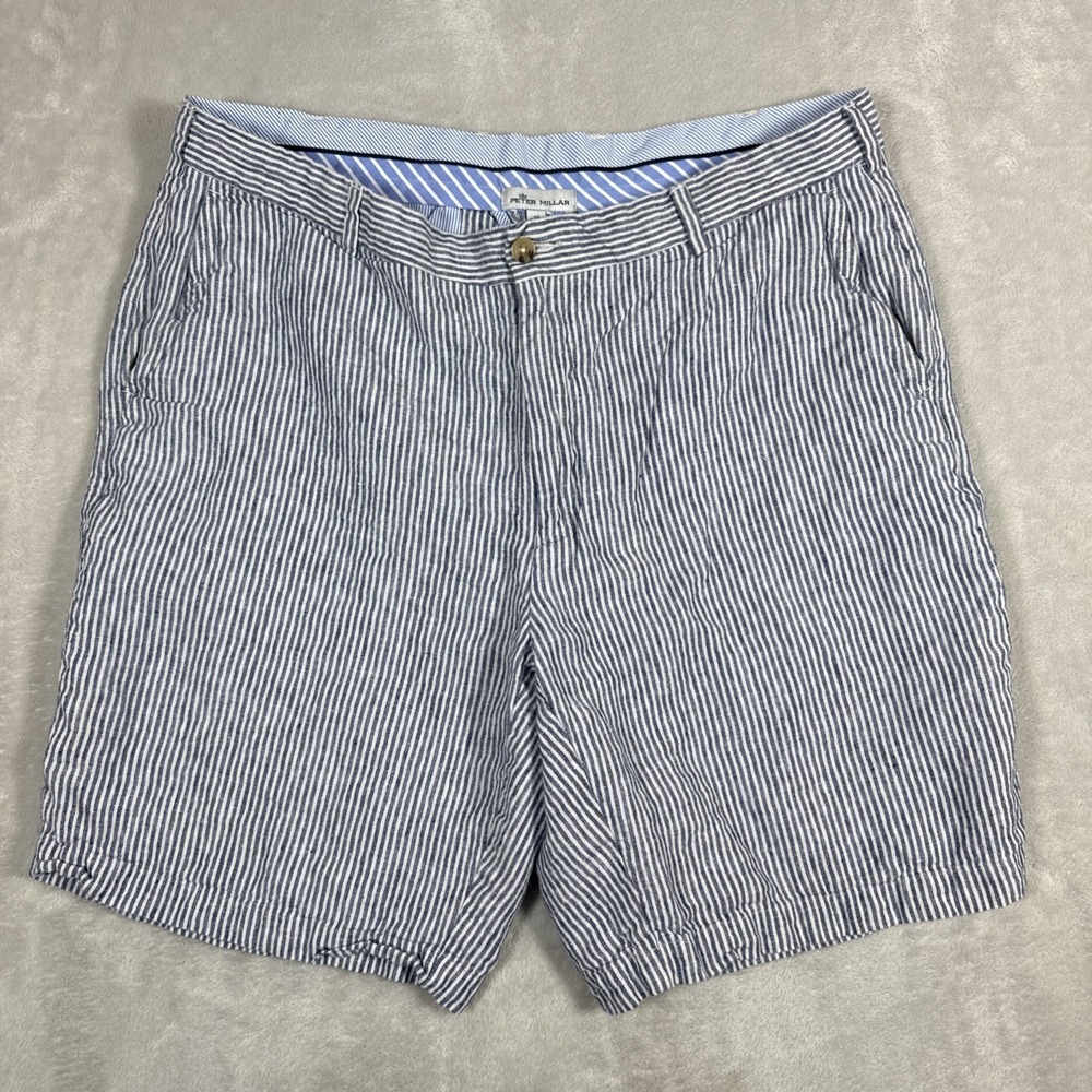 Peter Millar Linen Shorts Mens 38 Blue White Striped Golf Chino 8' Inseam